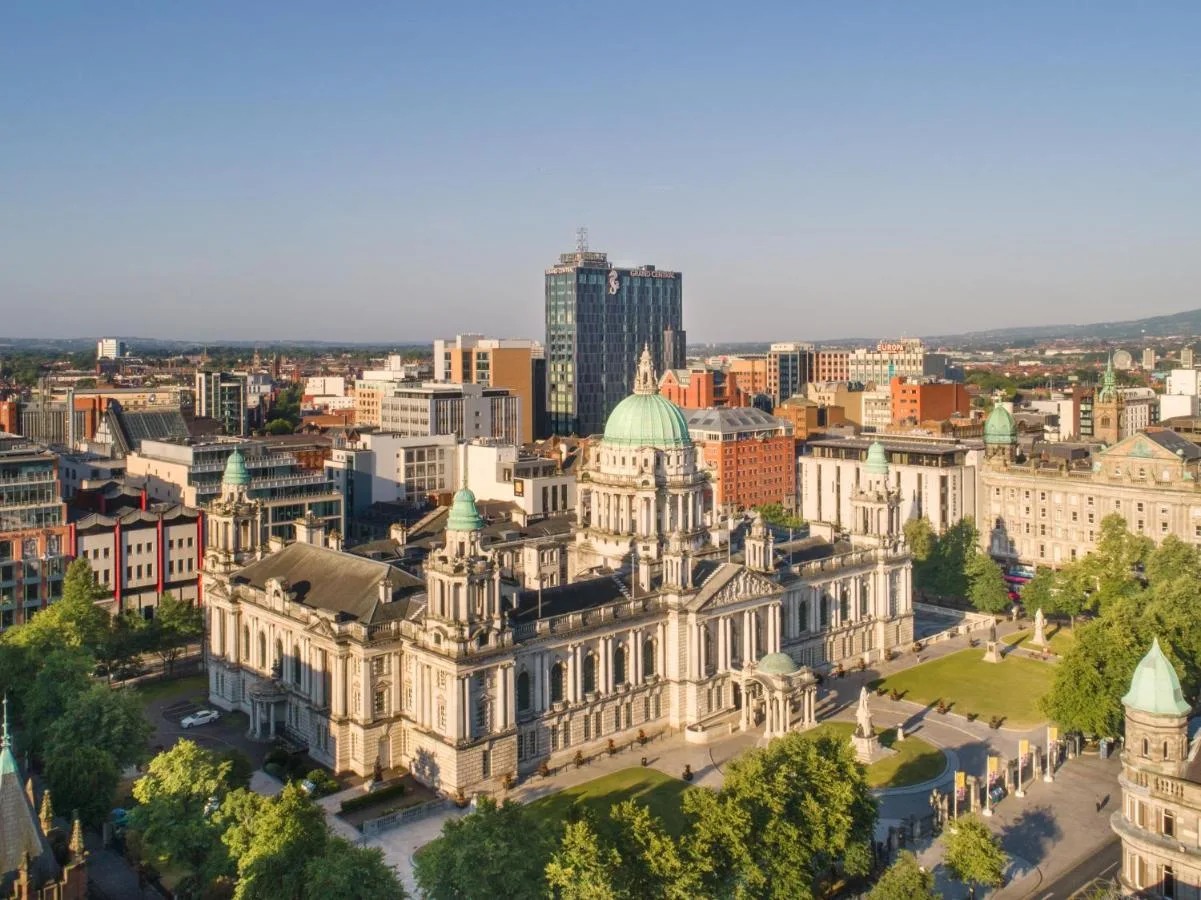 an aerial view of a building in a city at Grand Central Hotel Belfast in Belfast